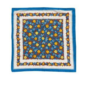 Vintage 100% Polyester Floral Print Scarf Made In Italy With Yellow Roses & Blue